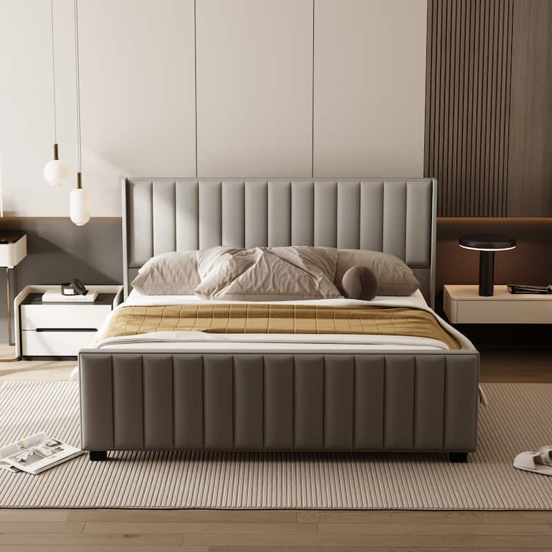 King Size Light Gray Velvet Platform Bed with 46.9" Tall Wingback Headboard & High Footboard Upholstered Bed Frame