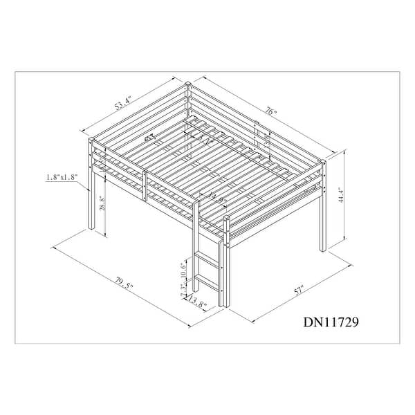 Grey Full Size Pine Wood Loft Bed with Ladder and Fence