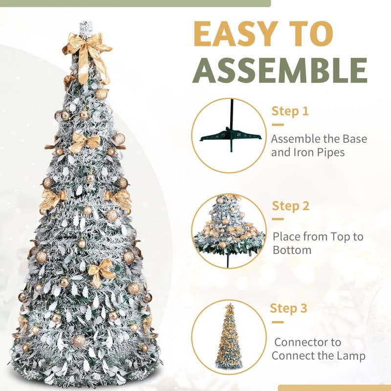 7 FT Snow Flocked Pre-lit Artificial Pop Up Christmas Tree with Golden Ornaments for Home Office Store Holiday Deco, Snowy Green