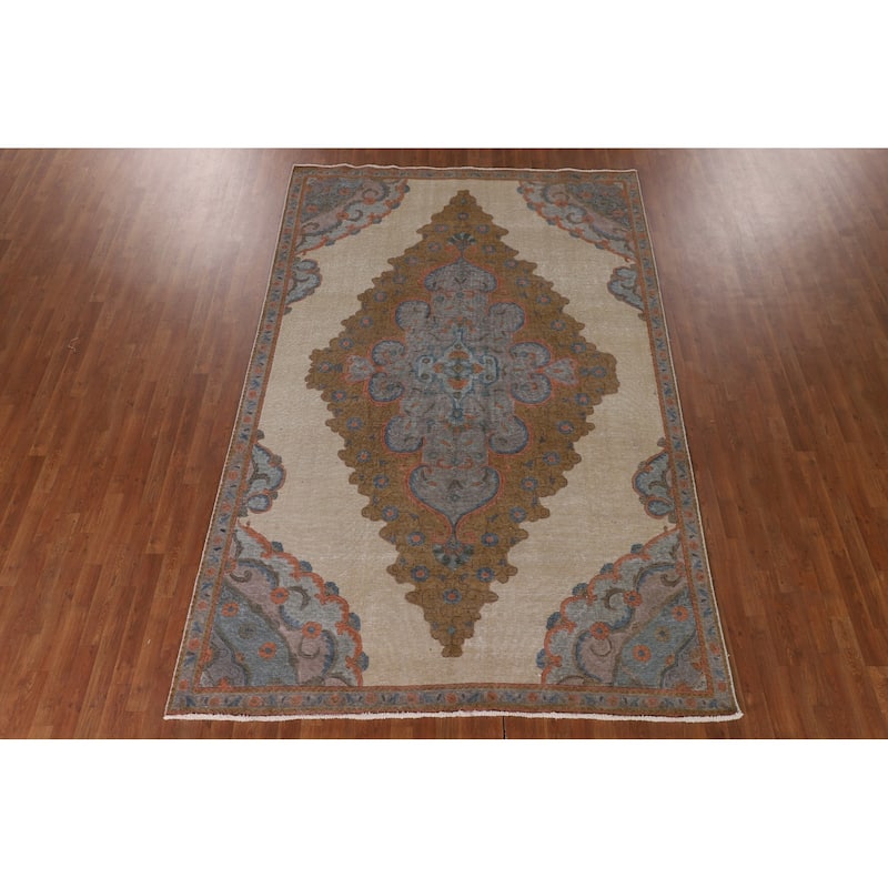 Distressed Tabriz Persian Antique Rug Hand-Knotted Wool Carpet - 7'1" x 10'11"