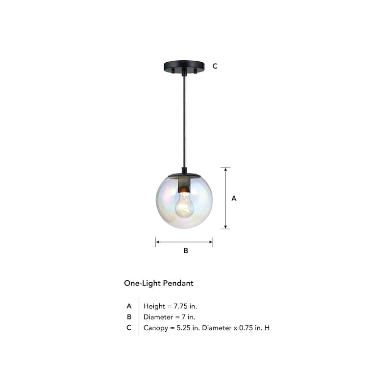 Neva 60 Watt 1-Light Matte Black Globe Pendant Light with Clear Iridescent Glass Shade - 7.75