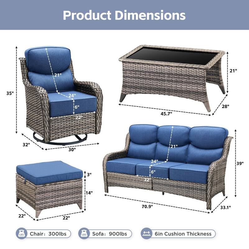 Arcadia 8-Piece Wicker Patio Conversation Set with Swivel Gliders and 6-Inch Thick Olefin Cushions