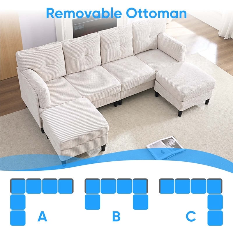 Mixoy Corduroy U-Shape Modular Convertible Sectional Sofa,Upholstered 4-Seater Sofa Couch with Movable Ottoman