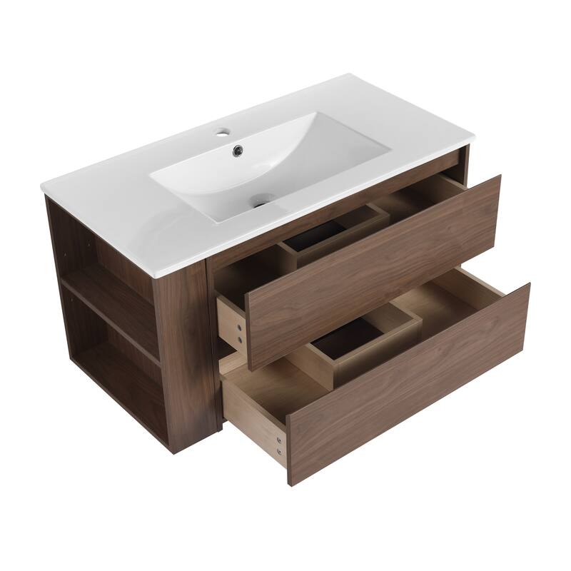 Contemporary 36-Inch Bathroom Vanity Cabinet with Adjustable Side Shelf, Soft-Close Drawers & Ceramic Sink - 35.9in L Plywood