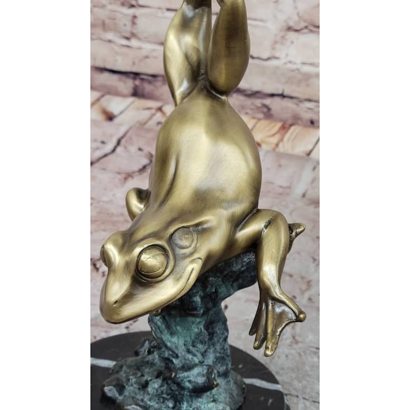 Hot Cast Bronze Leaping Frog W/ Gold Patina On Marble Base - Original Art By Milo