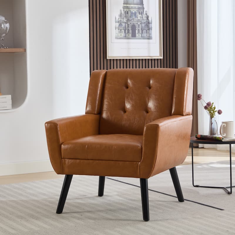PU Leather Upholstered Accent Chair, Ergonomic Reading Side Chair, Single Sofa Chair with Curved Back & Wood Legs