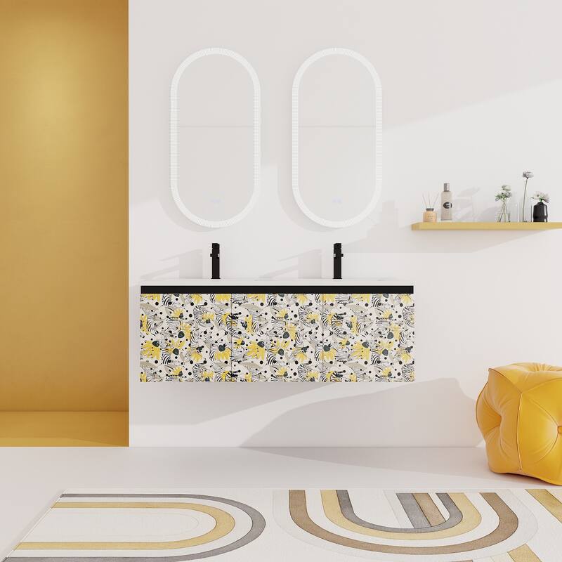 Plywood Wall-Mounted Bathroom Vanity Set in Black with Integrated Ceramic Sink - 48" x 18" x 17" - Painted - Black
