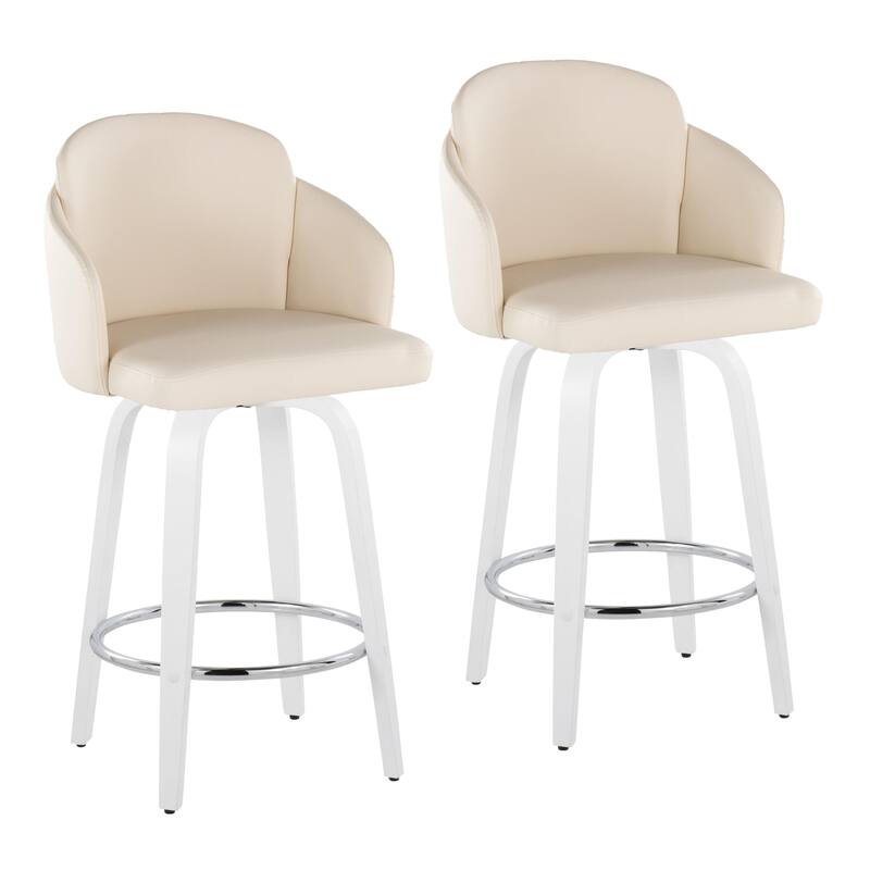 Porch & Den Dahlia 26" Counter Stool with White Bent Wood Legs (Set of 2) - Cream Faux Leather