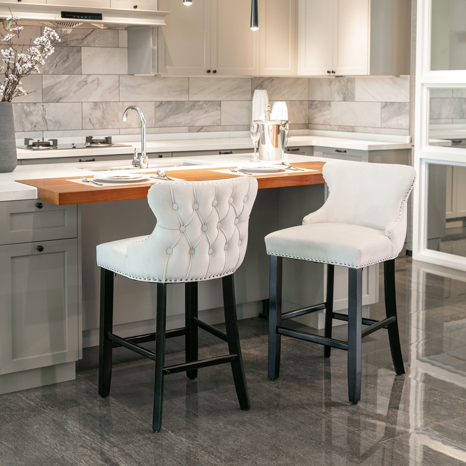 Upholstered Wing-Back Barstools with Button Tufted Decoration and Wooden Legs,Chrome Nailhead Trim,Bar Chairs,Set of 2