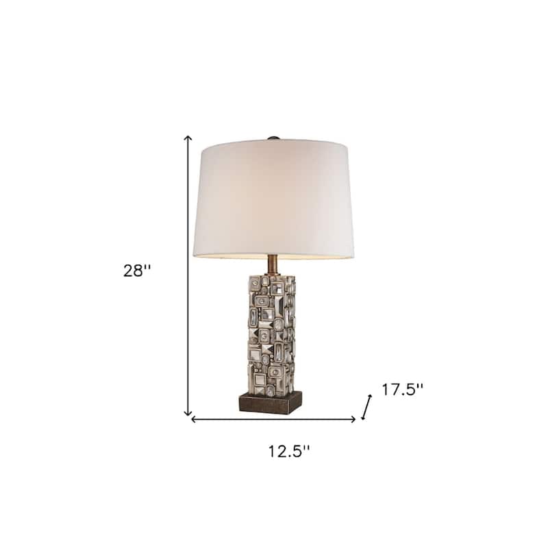 Silver Polyresin Bedside Lamp with White Empire Shade 3 Way Switch - 17.5” x 12.5” x 28” (D x W x H)
