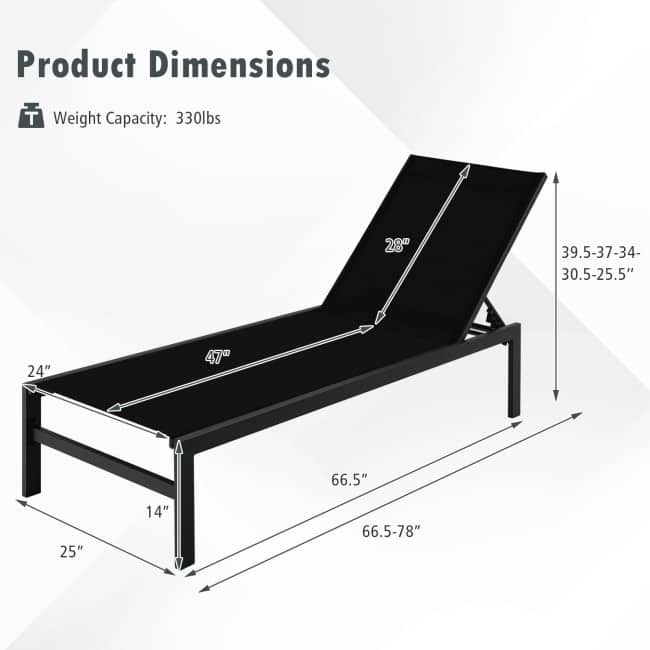 6-Position Chaise Lounge Chairs with Rustproof Aluminium Frame - 60.5"-78" x 25" x 39.5"-25.5" (L x W x H)