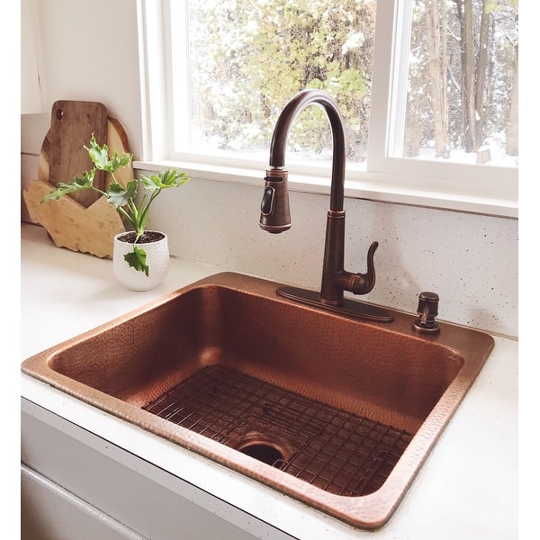 slide 2 of 10, Angelico Copper 25" Single Bowl Drop-In Kitchen Sink with 4 Holes