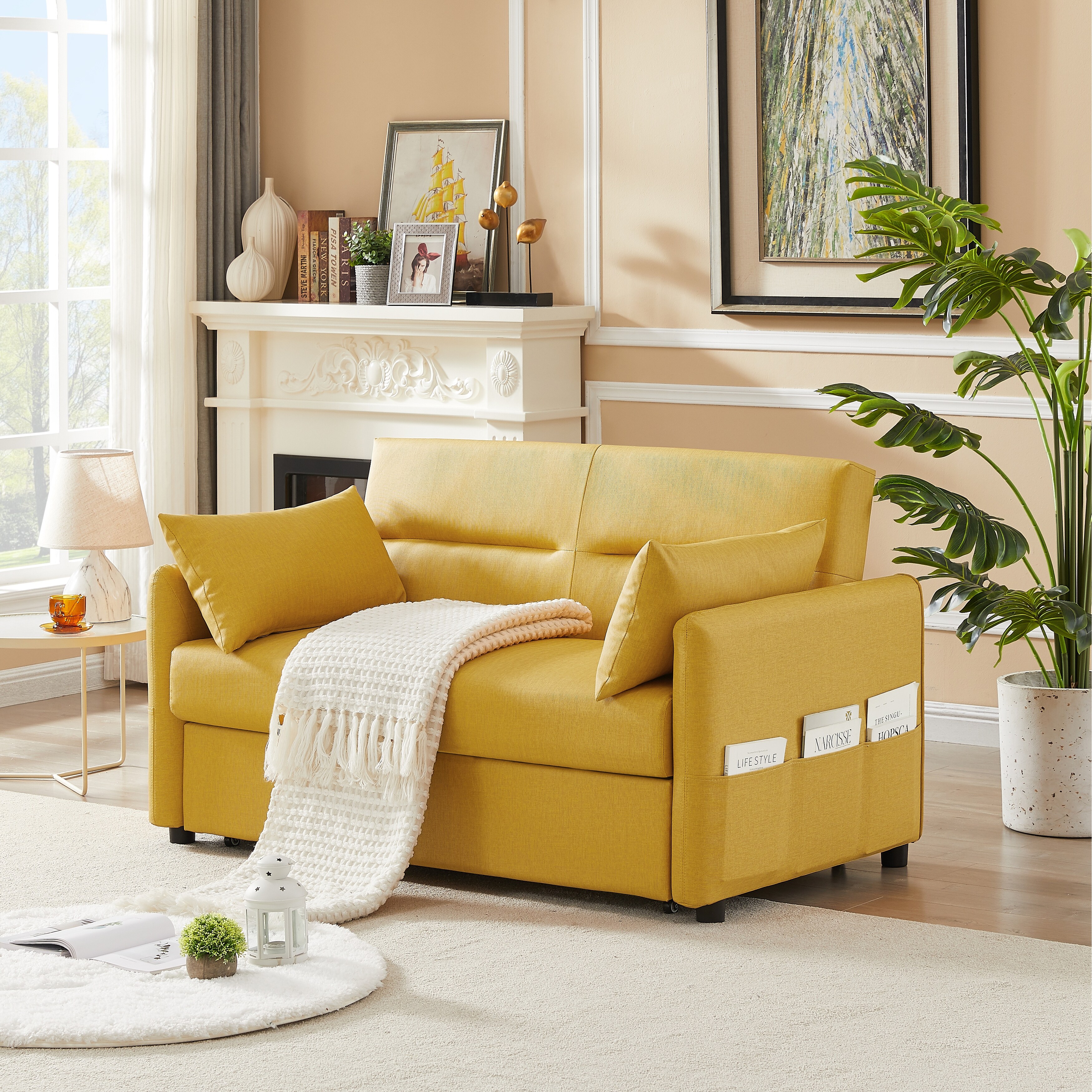 Yellow Technical Leather Convertible Sleeper Sofa Adjustable Backrest