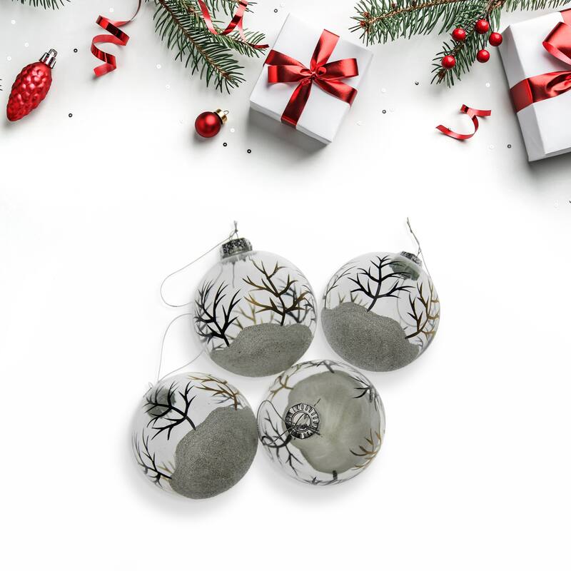 4ct Clear Frosted Winter Tree Glass Christmas Ball Ornaments 3.25"