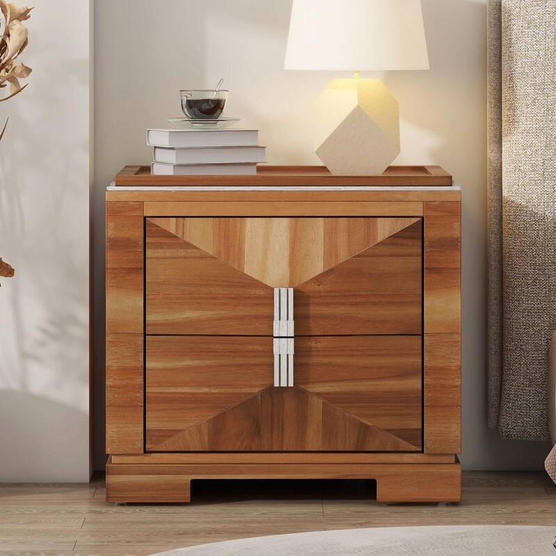Mid-Century Modern Nightstand with 2 Drawers - Wide Wood End Table with Diamond Design and Heavy-Duty Base - Light Brown