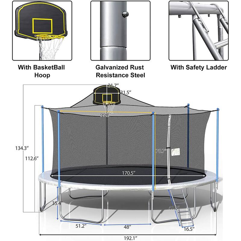 16Ft Trampoline with Enclosure Net Basketball Hoop - High Weight Capacity Big Outdoor Trampoline for Kids and Adults