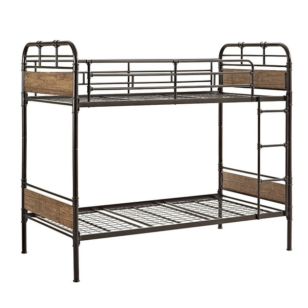Offex Kids Distressed Metal and Wood Twin over Twin Bunk Bed - Black