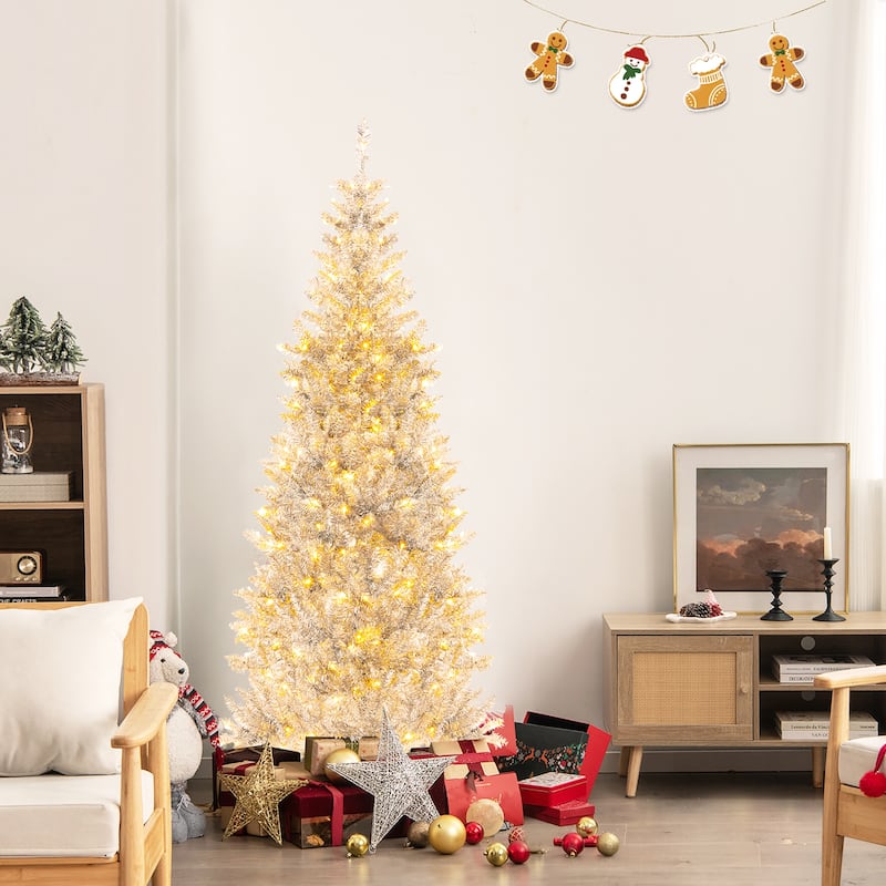 Gymax 6 FT Pre-lit Artificial Silver Tinsel Christmas Tree Slim Pencil - 6 Foot