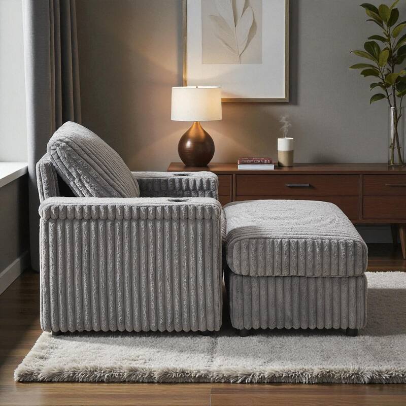 42.5" Corduroy Single Recliner Chair with Cup Holder, Storage Footrest, Armrest Storage and Backrest Pillow