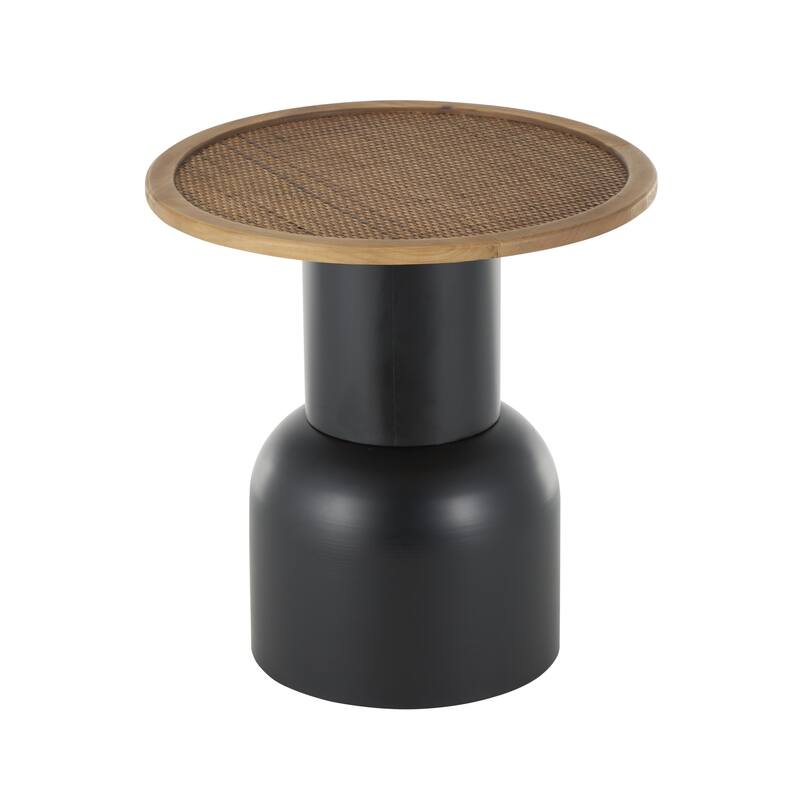 Metal Handmade Pedestal Accent Table with Brown Rattan Tabletop - Black - Roche River Decor