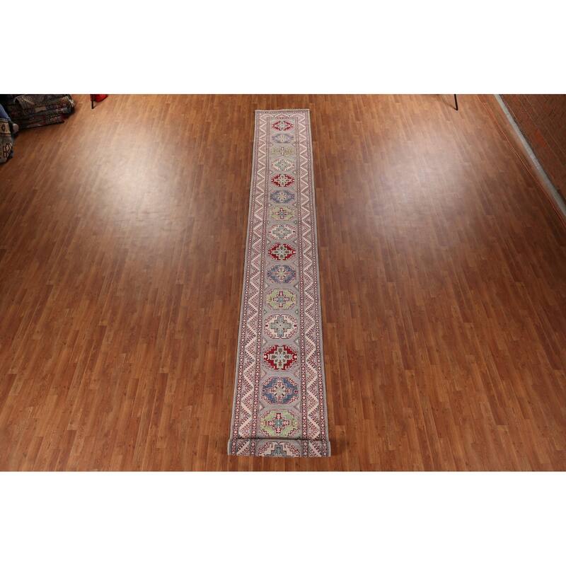 Gray Kazak Runner Rug Handmade Oriental Wool Carpet - 2'8" x 20'0"