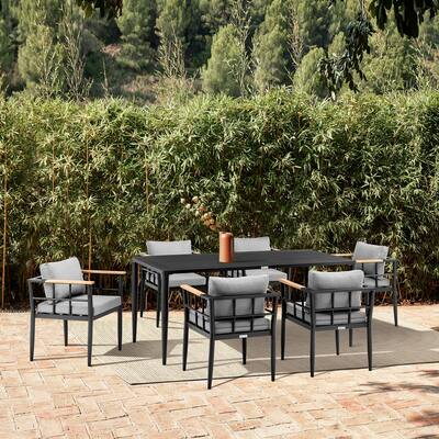 Beowulf Outdoor Patio 7-Piece Dining Table Set in Aluminum and Teak with Grey Cushions