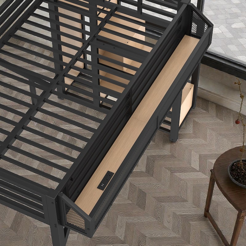 Metal Loft Bed with Storage Stairs, Built-in Wardrobe, Shelves, USB Ports, LED Lights & Noise-Reduced Frame