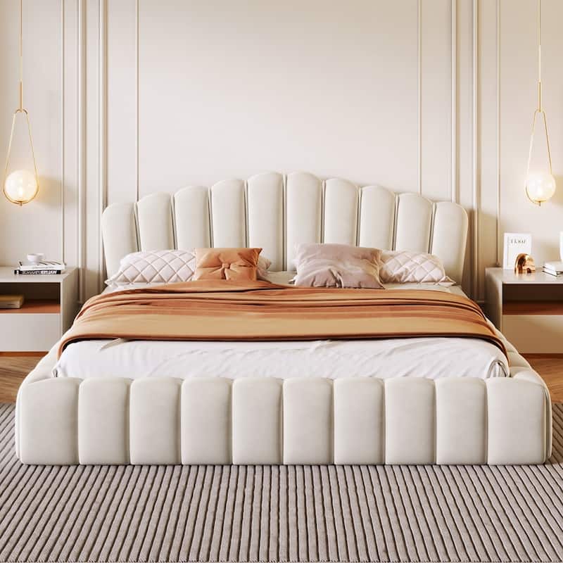 Upholstered Velvet Fabric Floor Bed Platform Bed - Beige