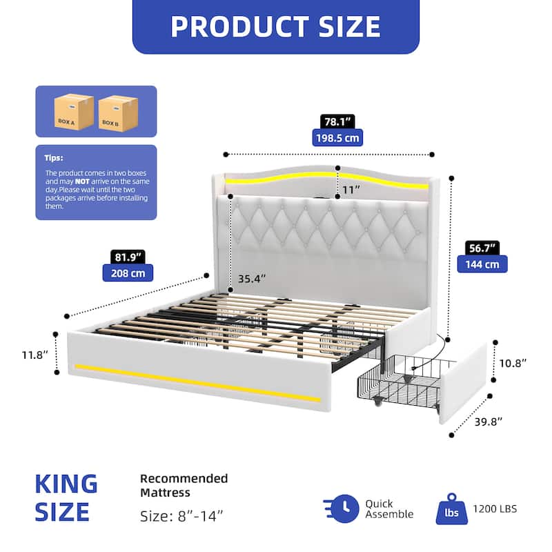 Moasis Queen Size Velvet Upholstered Bed Frame with 4 Storage Drawers & RGB Lights