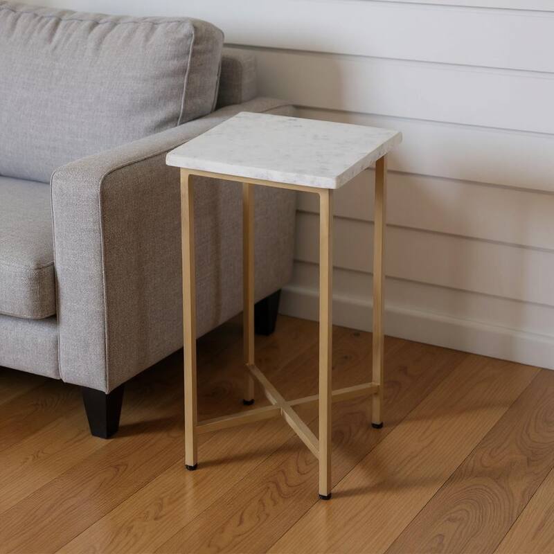 HomeRoots 21" White and Gold Distressed Marble and Iron Square End Table - 9.00 in. x 21.00 in. x 9.00 in. - White - Marble