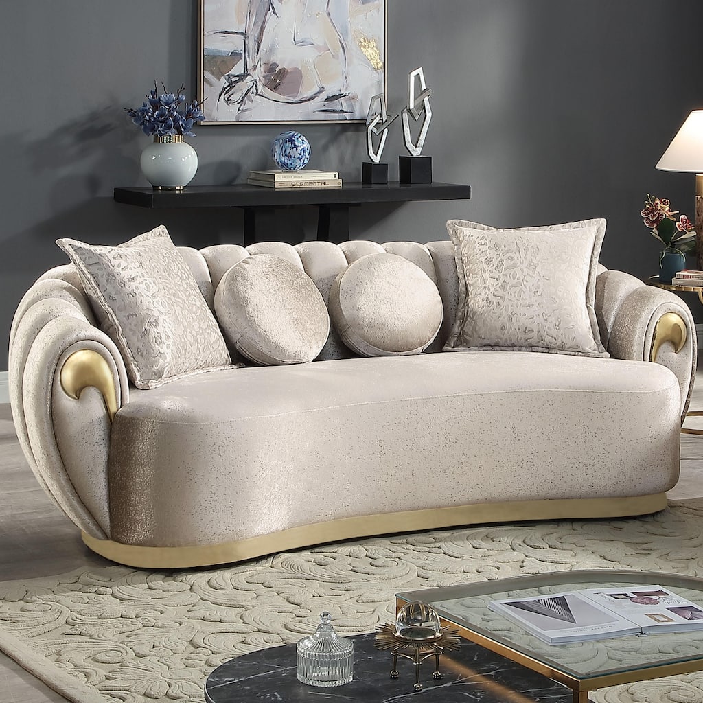 Furniture of America Vesper Glam Metallic Taupe Curved Back Sofa with Accent Pillows