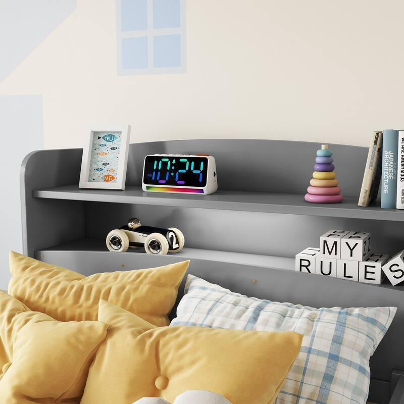 Twin Pine Wood Bed with Bookcase Headboard, LED Motion Sensor Light, Guardrails, Grey