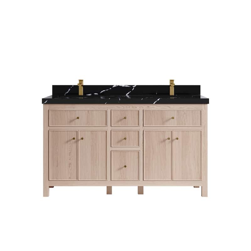 Willow Collections 60 x 22 Sonoma White Oak Wood Double Sink Bathroom Vanity with Quartz or Marble Countertop - 2"Calacatta Black - White Oak