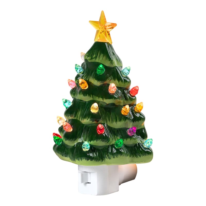 Retro Christmas Tree Ceramic Night Light - 7" - Green