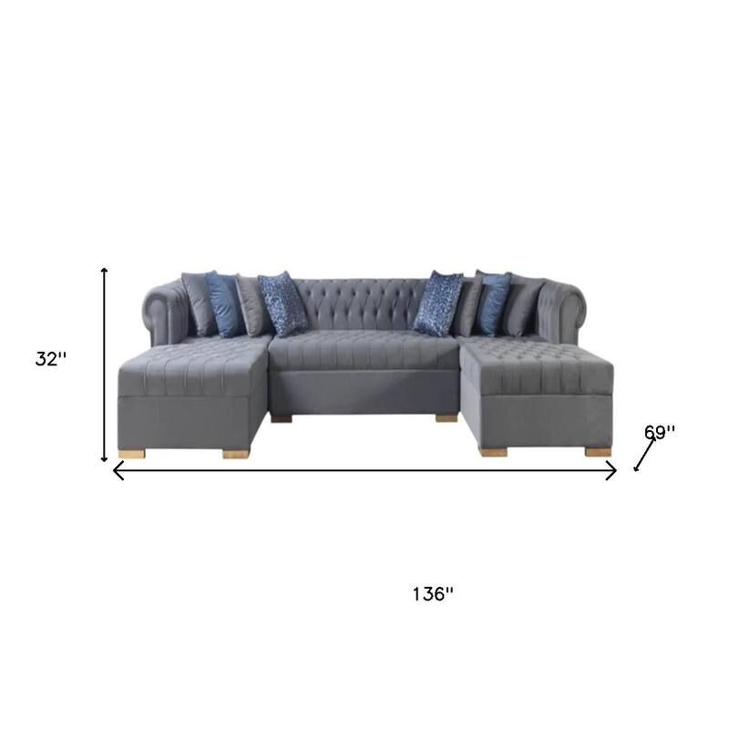 HomeRoots Gray Velvet U Shaped Three Piece Sofa and Chaise Sectional With Toss Pillows