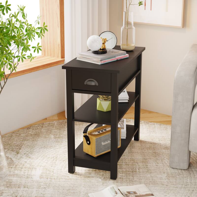 Modern Narrow Sided Table Nightstand with Drawers and Bottom Partition in Flip Over Design - Brown