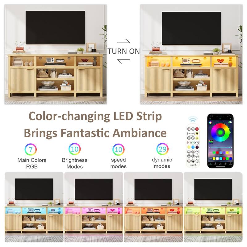 Gyomojoy 71" LED Farmhouse TV Stand for 75-85 Inch TV, Modern Boho Media Console with RGB Lights, 2 Doors & Adjustable Shelves.