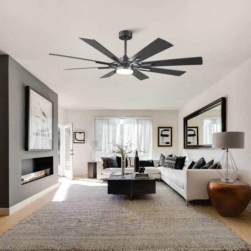 60" Matte Black Large Windmill Farmhouse Integrated LED Ceiling Fan with Light and Remote - 60"Wx12.8"H
