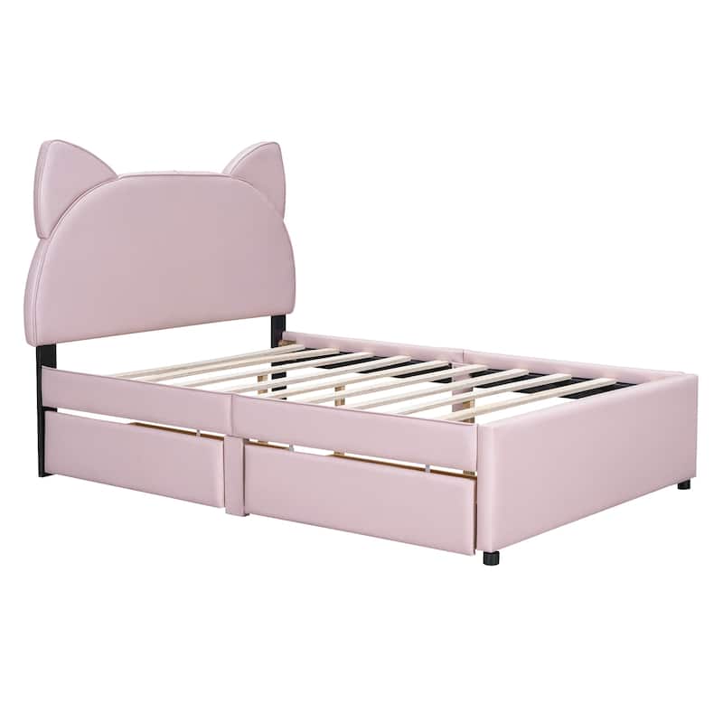 Upholstered Platform Bed with Cute Headboard and 2 Drawers