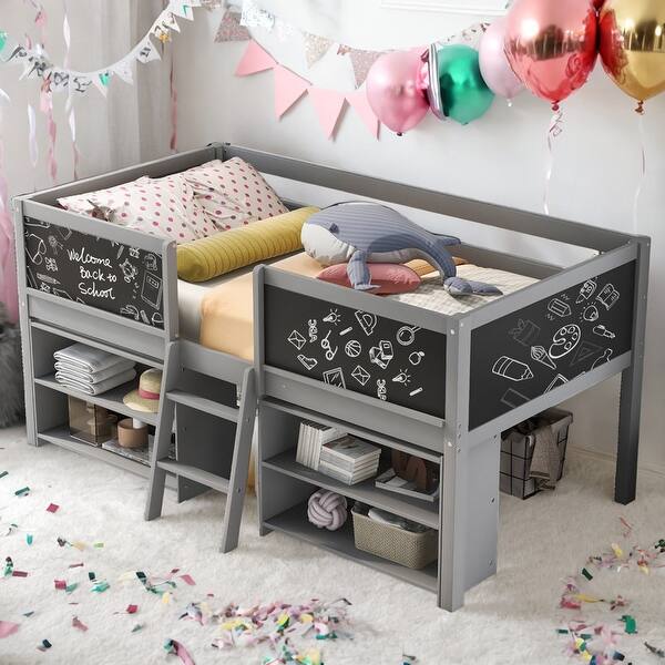 slide 2 of 24, Twin Size Loft Bed With 2 Shelves,Ladder,Guardrail Chalkboard for Home Grey