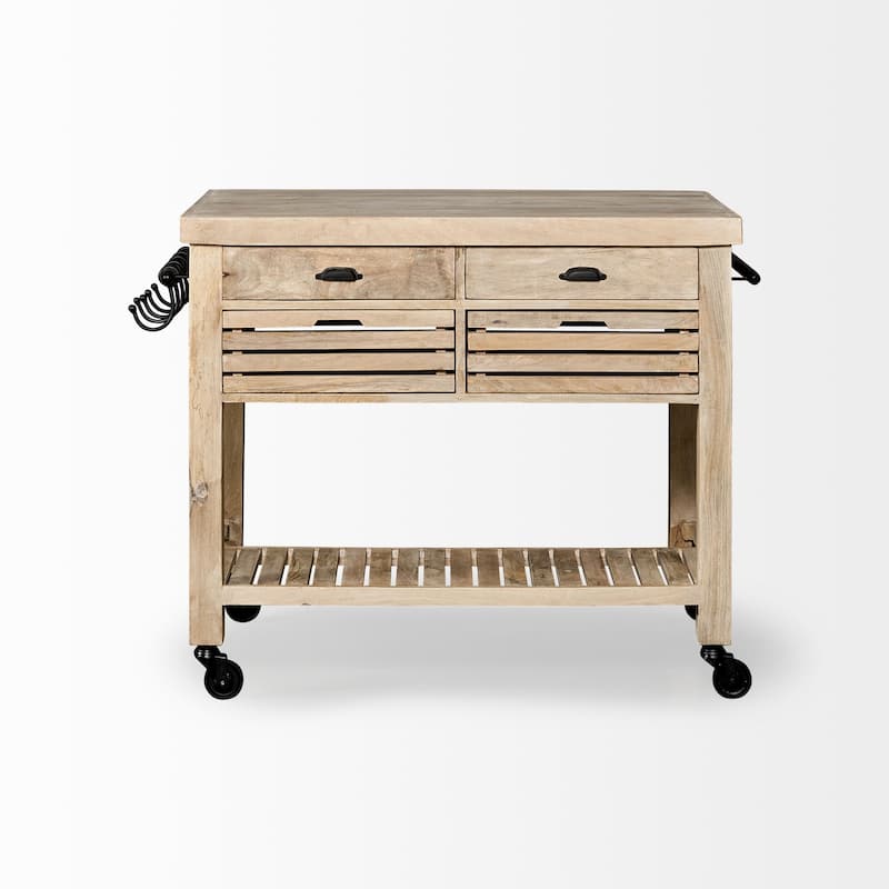 Columbia II Light Brown Base w/Black Iron, Rolling Kitchen Island - 46"W x 32"D x 36"H