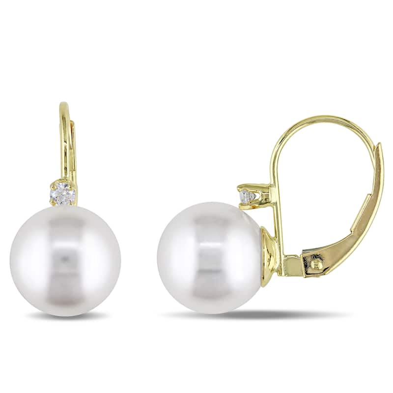 Miadora 9-9.5 mm Cultured Freshwater Pearl and 1/10 CT TW Diamond Leverback Earrings in 14k Yellow Gold