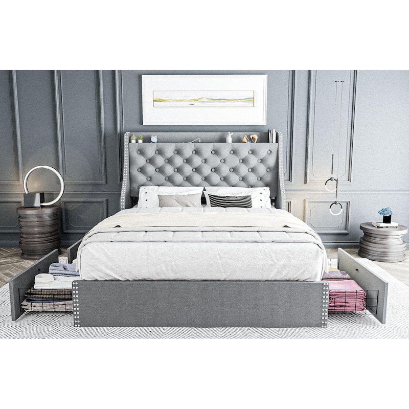 Bed Frame with 4 Storage Drawers and Headboard