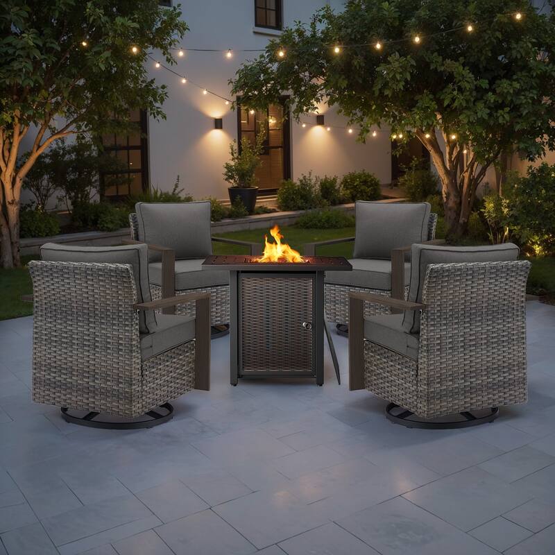 Meyreso 5-Piece Wicker Swivel Glider Metal Fire Pit Set with Plush 4.5" Olefin Cushions - Gray Wicker - Gray Cushions