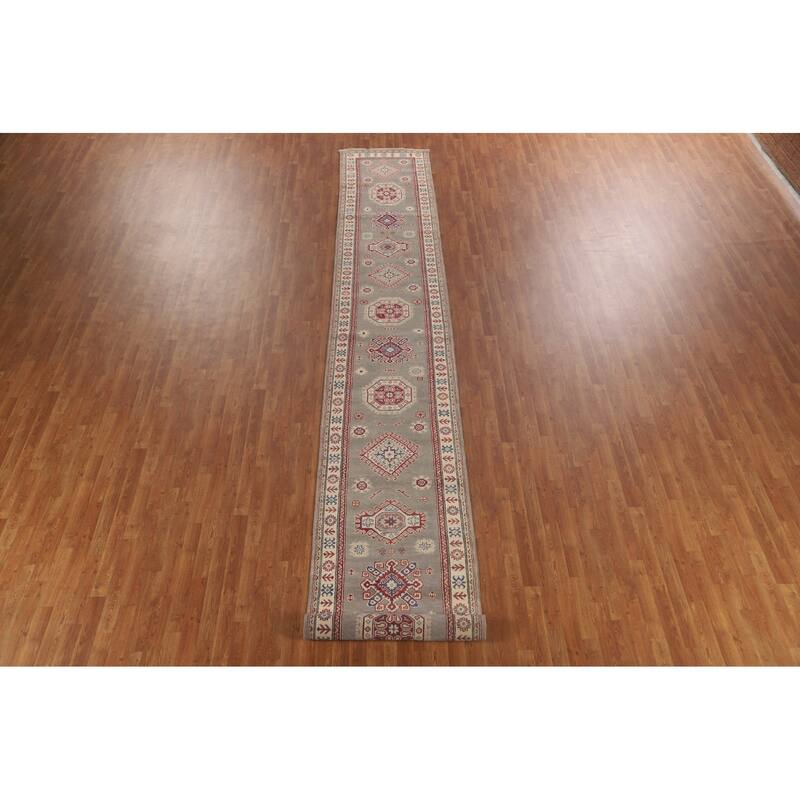 Geometric Grey Kazak Runner Rug Handmade Wool Carpet - 2'10" x 19'7"