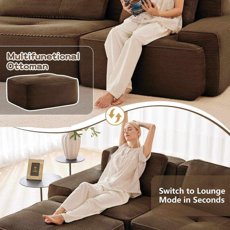 L-Shaped Sectional Couch with Ottoman, Oversized Modular Corduroy Sofa