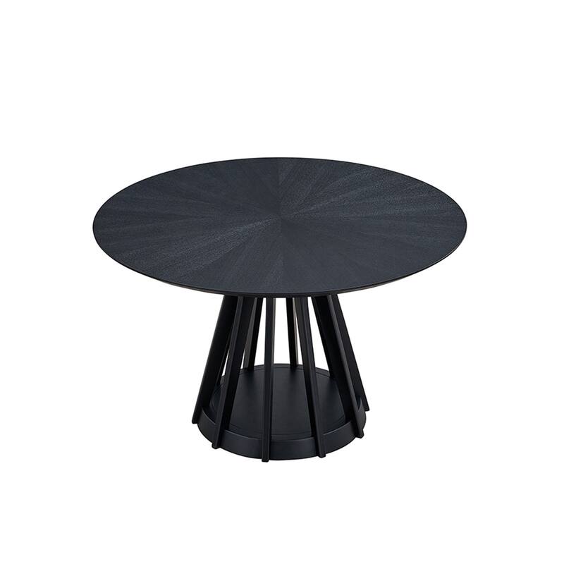 Round Dining Table with Sturdy Birdcage Pedestal Base, Tabletop with Veneer Splice Design for 4 People - Black