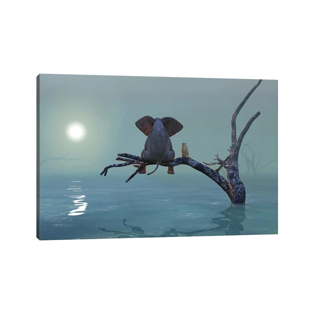 iCanvas "Elephant And Dog Sit On A Tree During A Flood III" by Mike Kiev Canvas Print