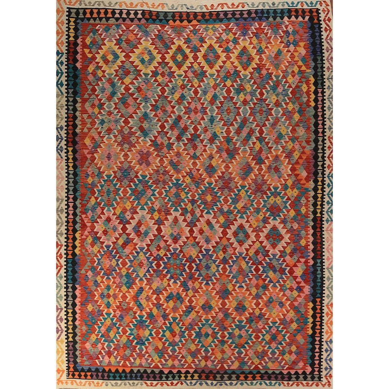 Geometric Kilim Oriental Area Rug Hand-Woven Tribal Orange Wool Carpet - 10'1"x 12'11"