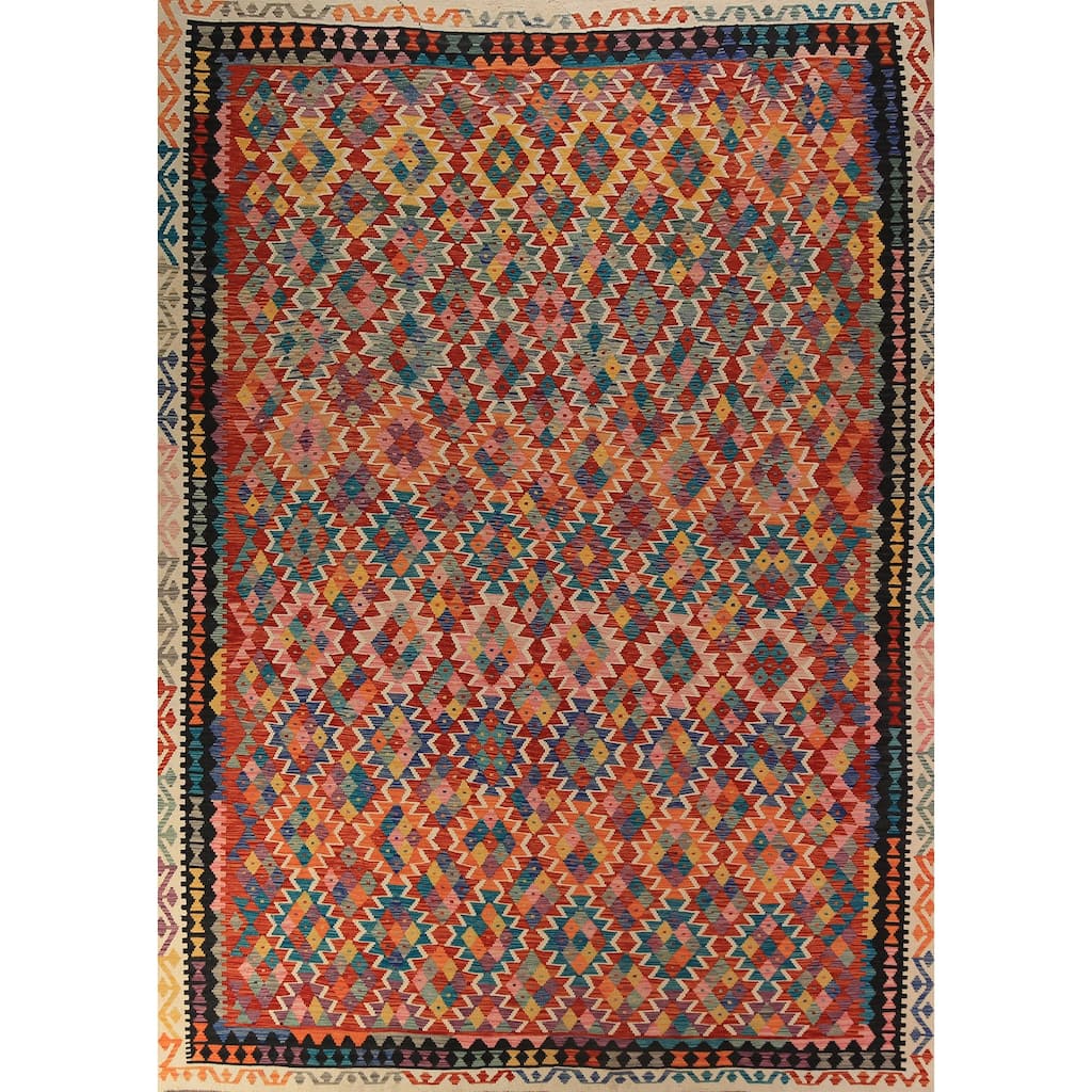 Geometric Kilim Oriental Area Rug Hand-Woven Tribal Orange Wool Carpet - 10'1"x 12'11"